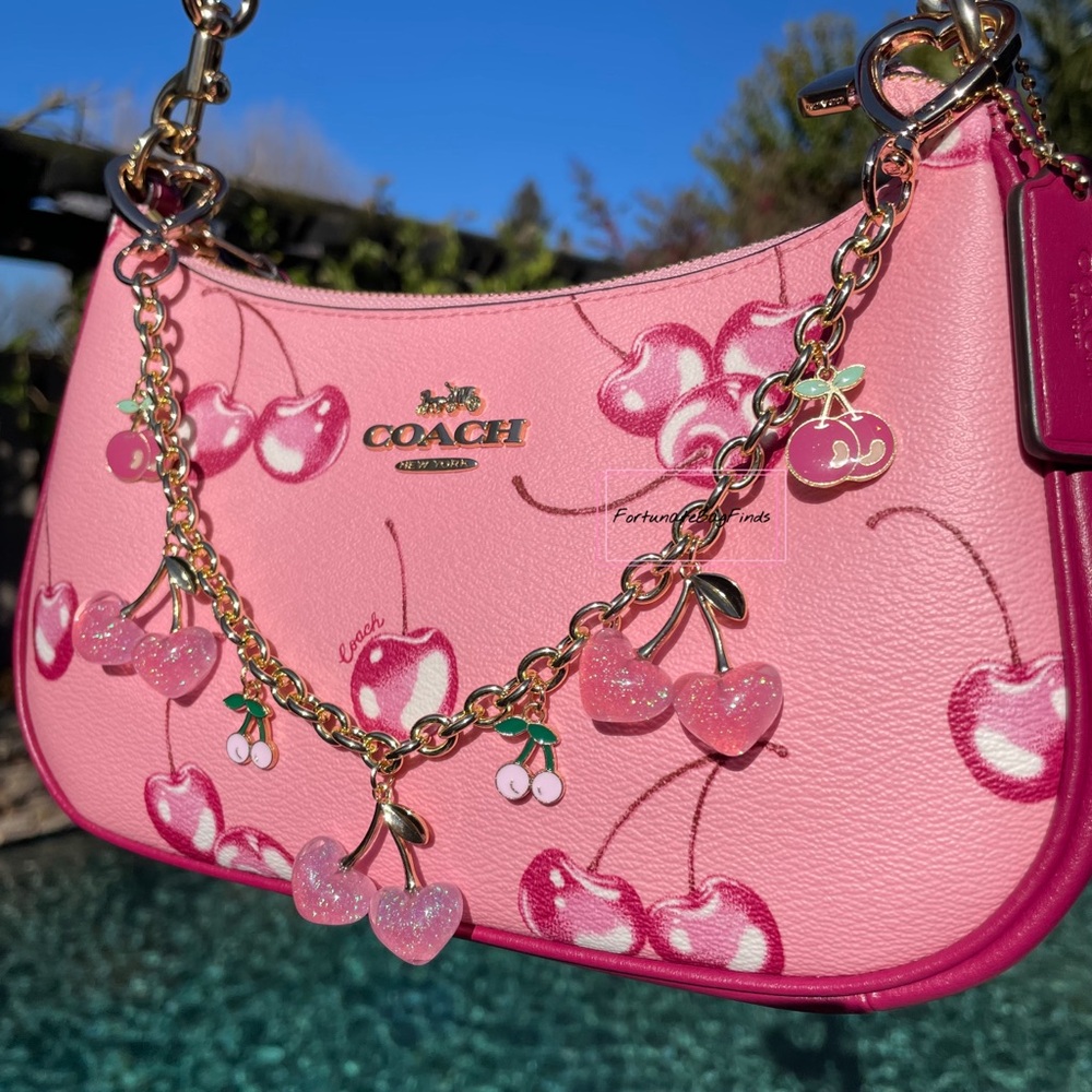Baby Pink Heart Cherry Bag Charm Chain Purse Charm Chain Strap FortunateBagFinds - Picture 5 of 12